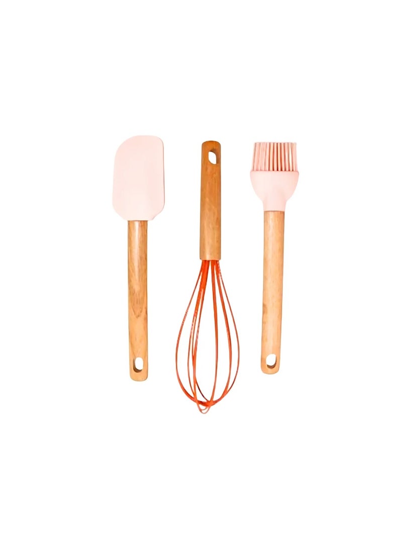 Generic Silicone Cooking Set Consist of 3 PCS (Spatula/Egg Beater/Brush) With Wooden Handel 26cm (Pink).  - Image 2