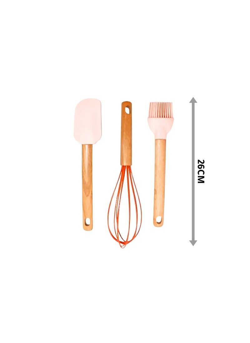 Generic Silicone Cooking Set Consist of 3 PCS (Spatula/Egg Beater/Brush) With Wooden Handel 26cm (Pink).  - Image 3