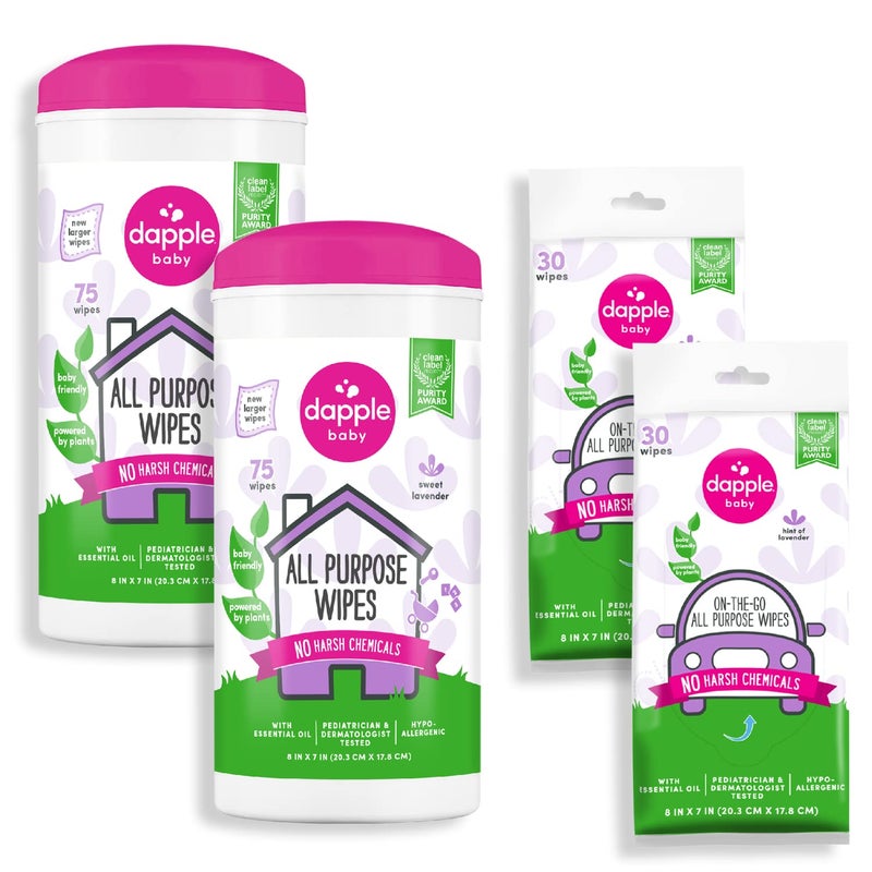 Dapple Baby All Purpose Wipes, Plant Powered, Hint of Lavender, Hypoallergenic, 75 Count Canister (Pack of 2) + 30 Count (Pack of 2) - Image 1