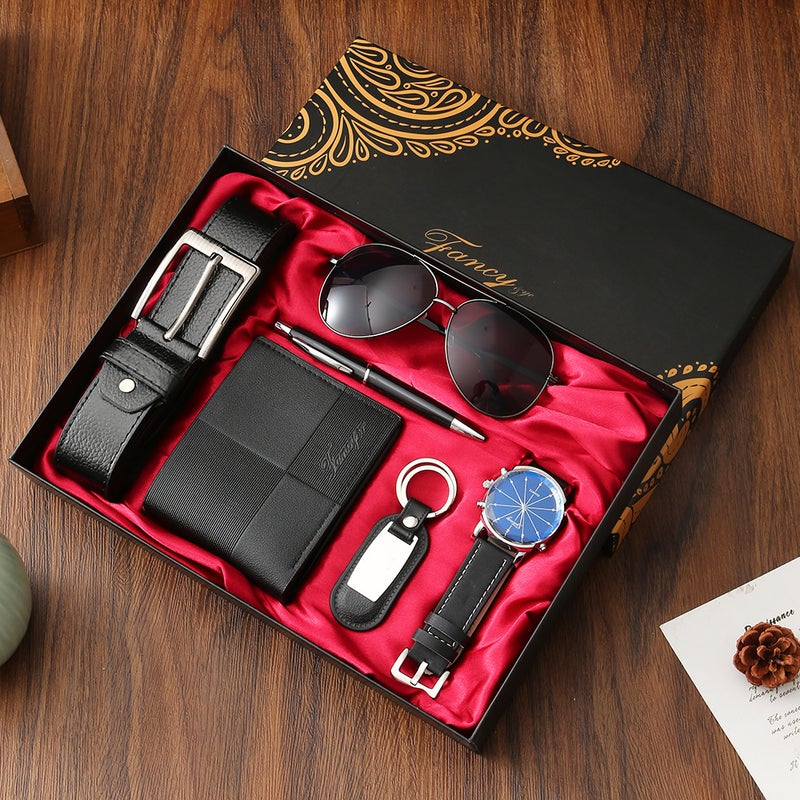 صندوق هدايا ساعة مجموعة هدايا رجال للأعمال محفظة حزام تذكار يوم الأب هدية عيد ميلاد عبر الحدود مجموعة سوداء مكونة من 520 قطعة: حزام + محفظة + ساعة + سلسلة مفاتيح + قلم + نظارات شمسية + صندوق هدايا فاخر