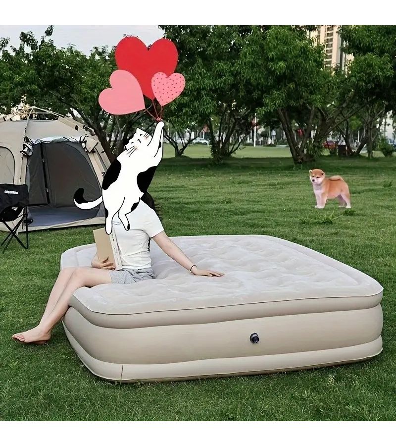 فراش هواء قابل للنفخ بني فاتح، مرتبة هواء محمولة كبيرة جدًا مزدوجة للتخييم، تصميم قابل للطي سهل الإعداد، مادة من البوليستر مع PVC متينة، للاستخدام العائلي داخل الخيمة وفي الأماكن الداخلية والخارجية. - Image 5
