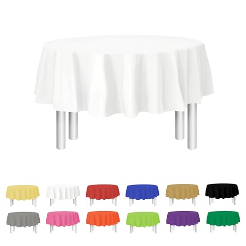 Party Dimensions White Disposable Plastic Tablecloth for Round Tables (12 Pack) 84 inches Table Cloths for Parties, Events & Weddings, Indoors & Outdoors, Plastic Table Cover - Image 1