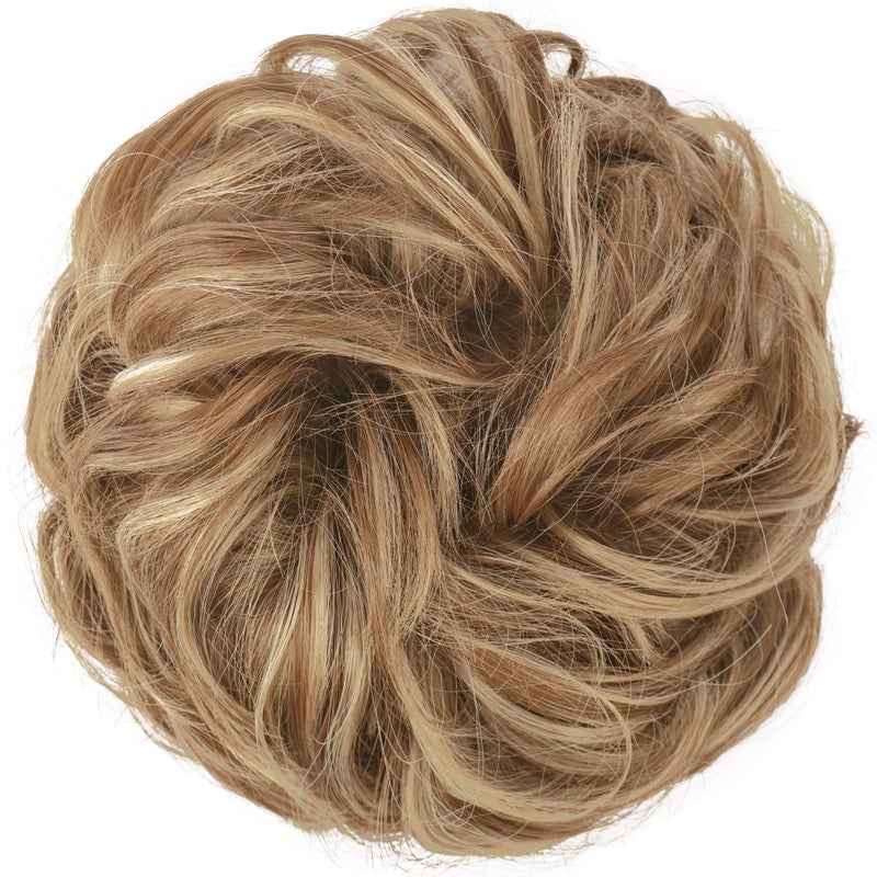 FESHFEN Large Messy Bun Hair Piece - Wavy Synthetic Chignon Scrunchies Elastic Ponytail Hair Extensions Thick Hairpieces for Women, Light Brown & Mixed Blonde 1.94oz - Image 2