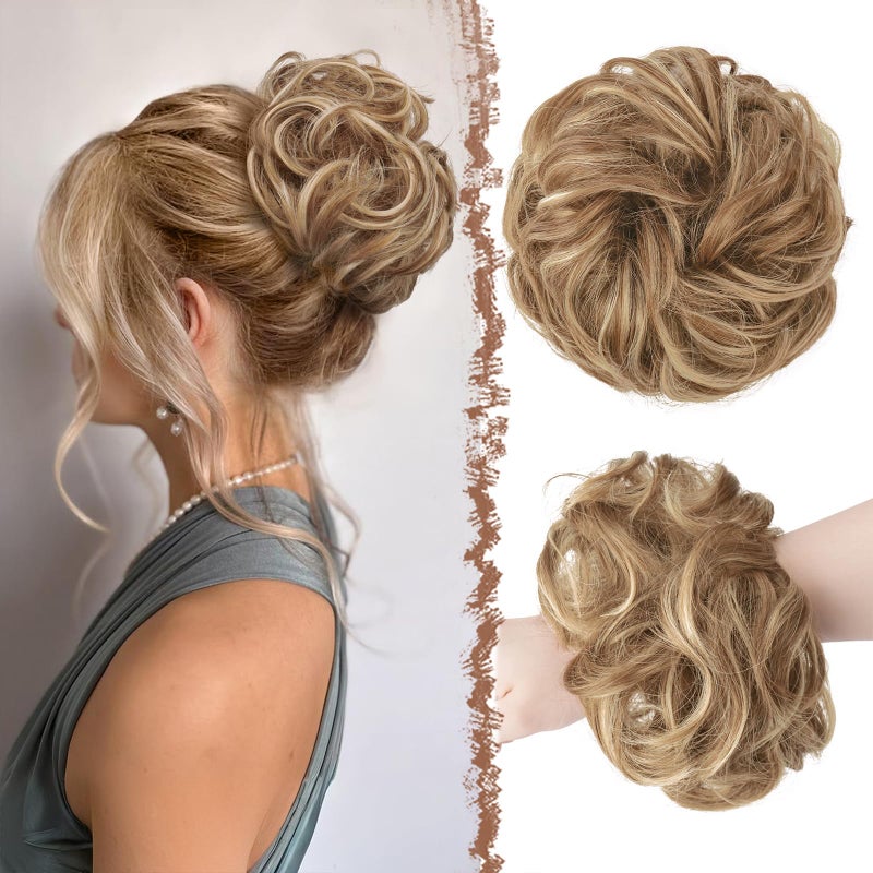 FESHFEN Large Messy Bun Hair Piece - Wavy Synthetic Chignon Scrunchies Elastic Ponytail Hair Extensions Thick Hairpieces for Women, Light Brown & Mixed Blonde 1.94oz - Image 1