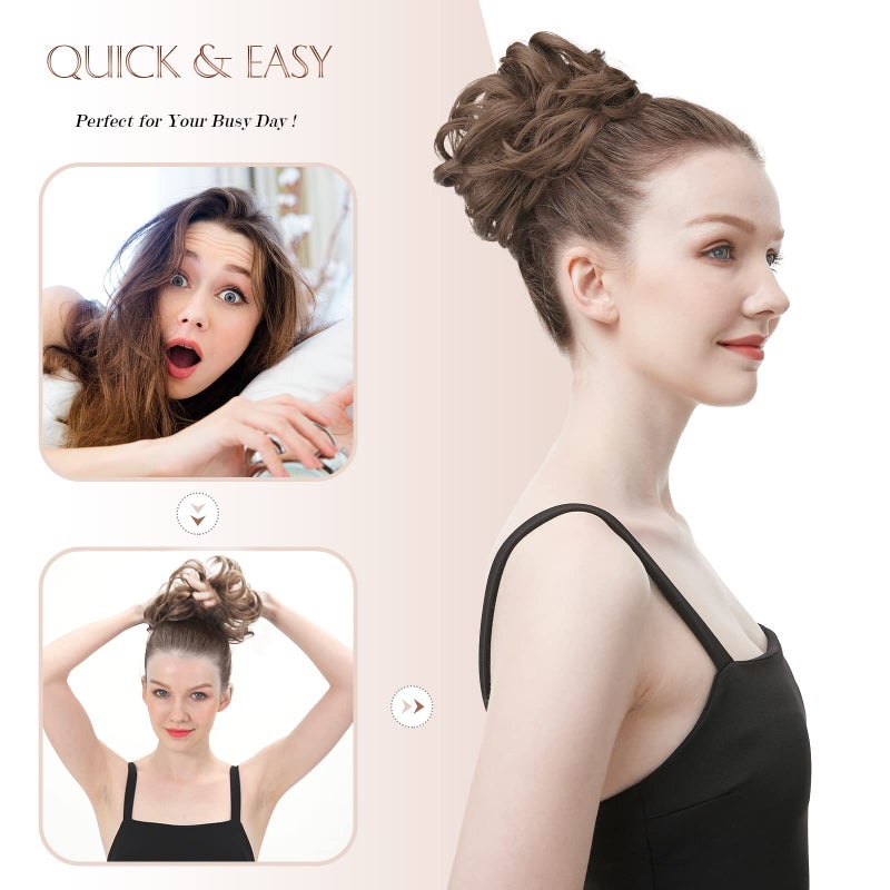FESHFEN Large Messy Bun Hair Piece - Wavy Synthetic Chignon Scrunchies Elastic Ponytail Hair Extensions Thick Hairpieces for Women, Light Brown & Mixed Blonde 1.94oz - Image 4