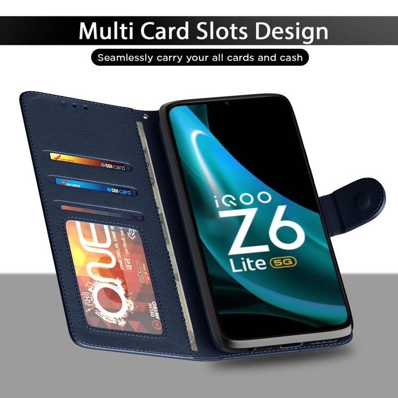 Pikkme iQoo Z6 Lite 5G Flip Case Leather Finish | Inside TPU with Card Pockets | Wallet Stand and Shock Proof | Magnetic Closing | Complete Protection Flip Cover for iQoo Z6 Lite 5G (Blue) - Image 5