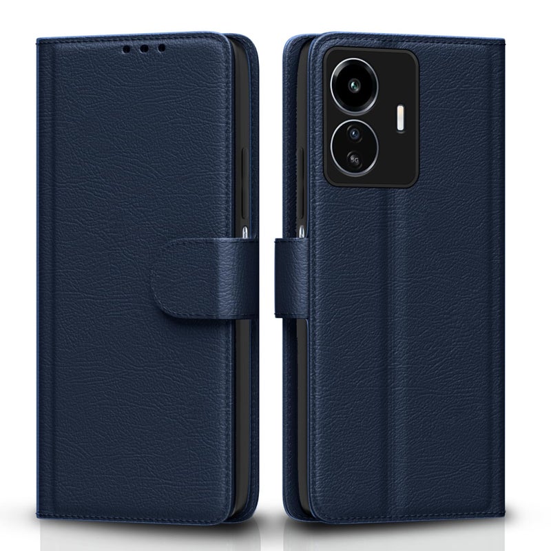 Pikkme iQoo Z6 Lite 5G Flip Case Leather Finish | Inside TPU with Card Pockets | Wallet Stand and Shock Proof | Magnetic Closing | Complete Protection Flip Cover for iQoo Z6 Lite 5G (Blue) - Image 1