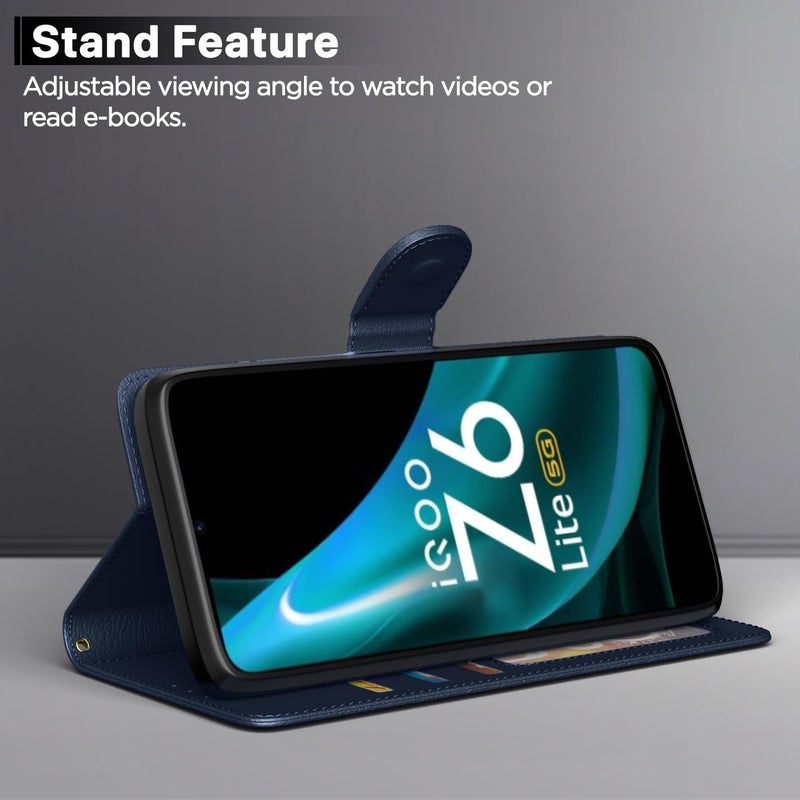 Pikkme iQoo Z6 Lite 5G Flip Case Leather Finish | Inside TPU with Card Pockets | Wallet Stand and Shock Proof | Magnetic Closing | Complete Protection Flip Cover for iQoo Z6 Lite 5G (Blue) - Image 3