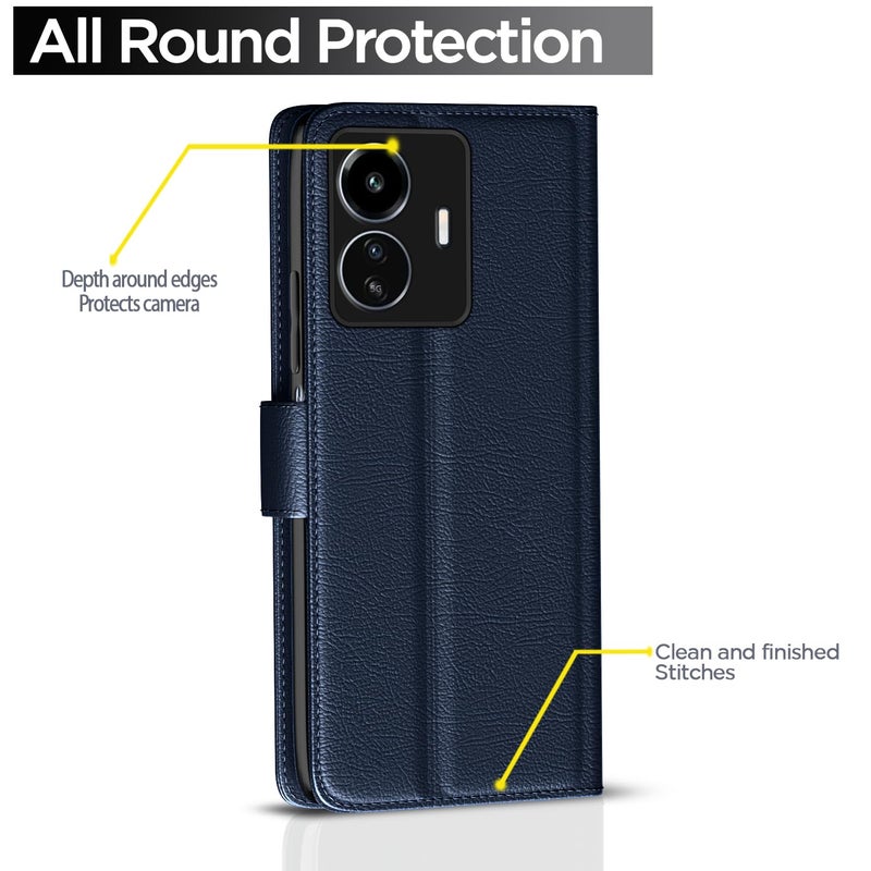 Pikkme iQoo Z6 Lite 5G Flip Case Leather Finish | Inside TPU with Card Pockets | Wallet Stand and Shock Proof | Magnetic Closing | Complete Protection Flip Cover for iQoo Z6 Lite 5G (Blue) - Image 4