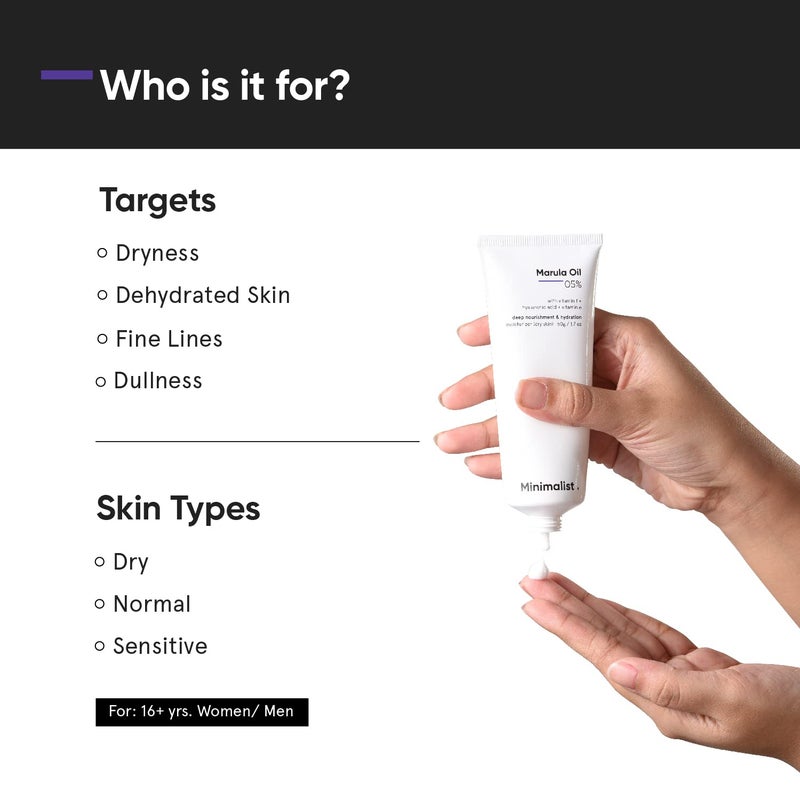 Minimalist Face Moisturizer for Dry Skin | 5% Marula Oil With Hyaluronic Acid For Deep Nourishment & Hydration | Face Hydrating Moisturizer | For Women & Men | 1.7 Oz / 50 gm - Image 2