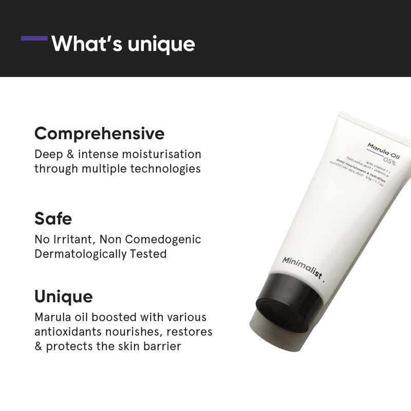 Minimalist Face Moisturizer for Dry Skin | 5% Marula Oil With Hyaluronic Acid For Deep Nourishment & Hydration | Face Hydrating Moisturizer | For Women & Men | 1.7 Oz / 50 gm - Image 3