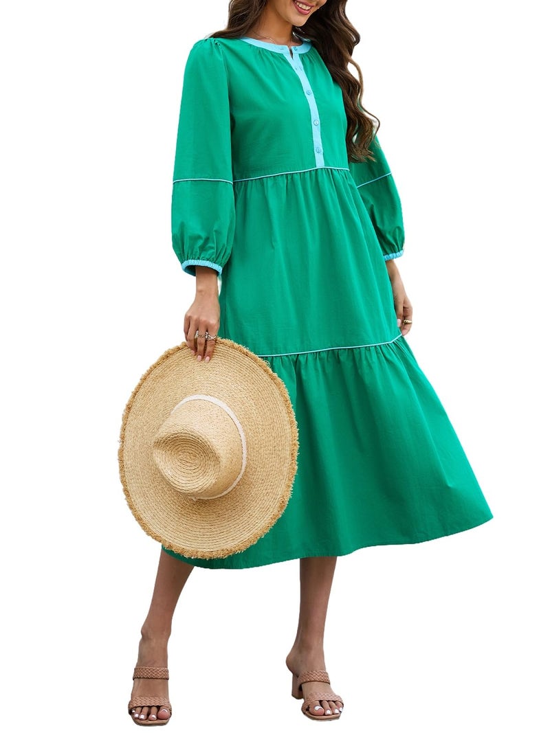 LifeShe Womens Maxi Dress 3/4 Puff Sleeves Button Front Long Dresses Pullover Tiered Sundress Green - Image 1