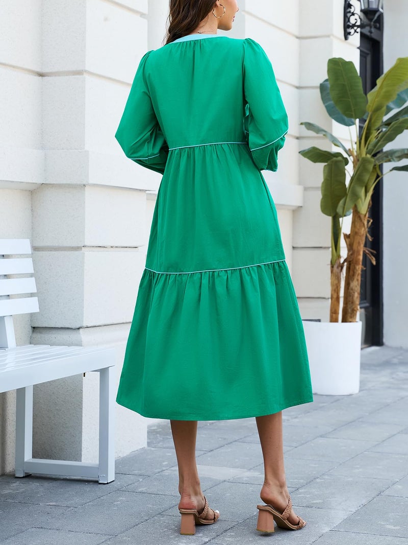 LifeShe Womens Maxi Dress 3/4 Puff Sleeves Button Front Long Dresses Pullover Tiered Sundress Green - Image 3
