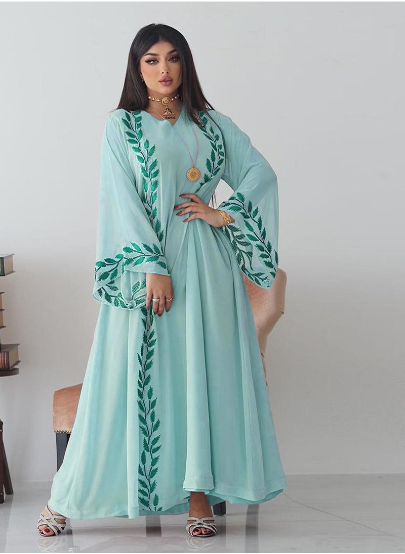 Best Gift Fashion - Fashion Chiffon Floral Embroidered Abaya With Hijab Green Color - Image 1