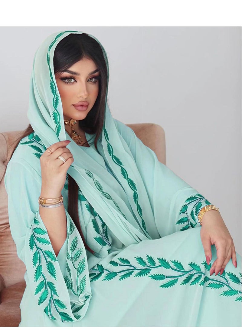Best Gift Fashion - Fashion Chiffon Floral Embroidered Abaya With Hijab Green Color - Image 1