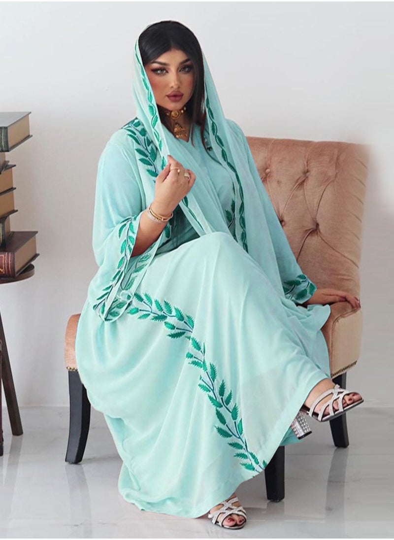 Best Gift Fashion - Fashion Chiffon Floral Embroidered Abaya With Hijab Green Color - Image 1