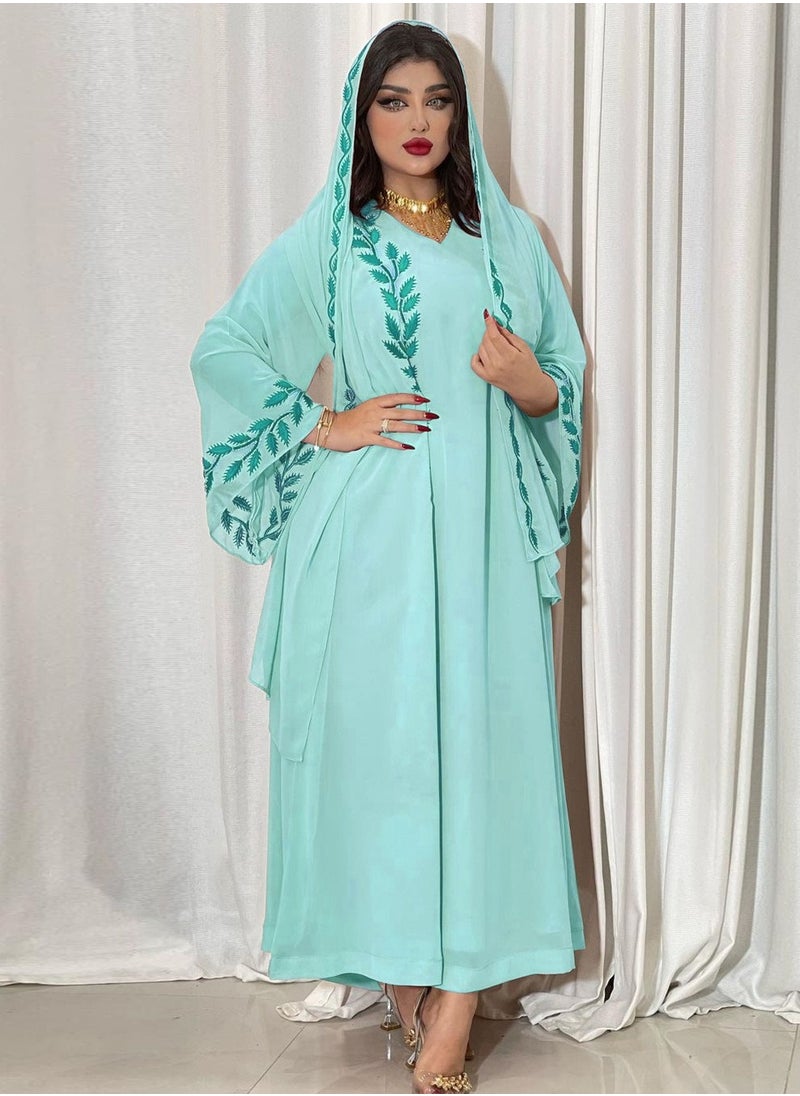 Best Gift Fashion - Fashion Chiffon Floral Embroidered Abaya With Hijab Green Color - Image 1