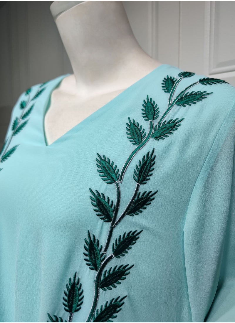 Best Gift Fashion - Fashion Chiffon Floral Embroidered Abaya With Hijab Green Color - Image 1