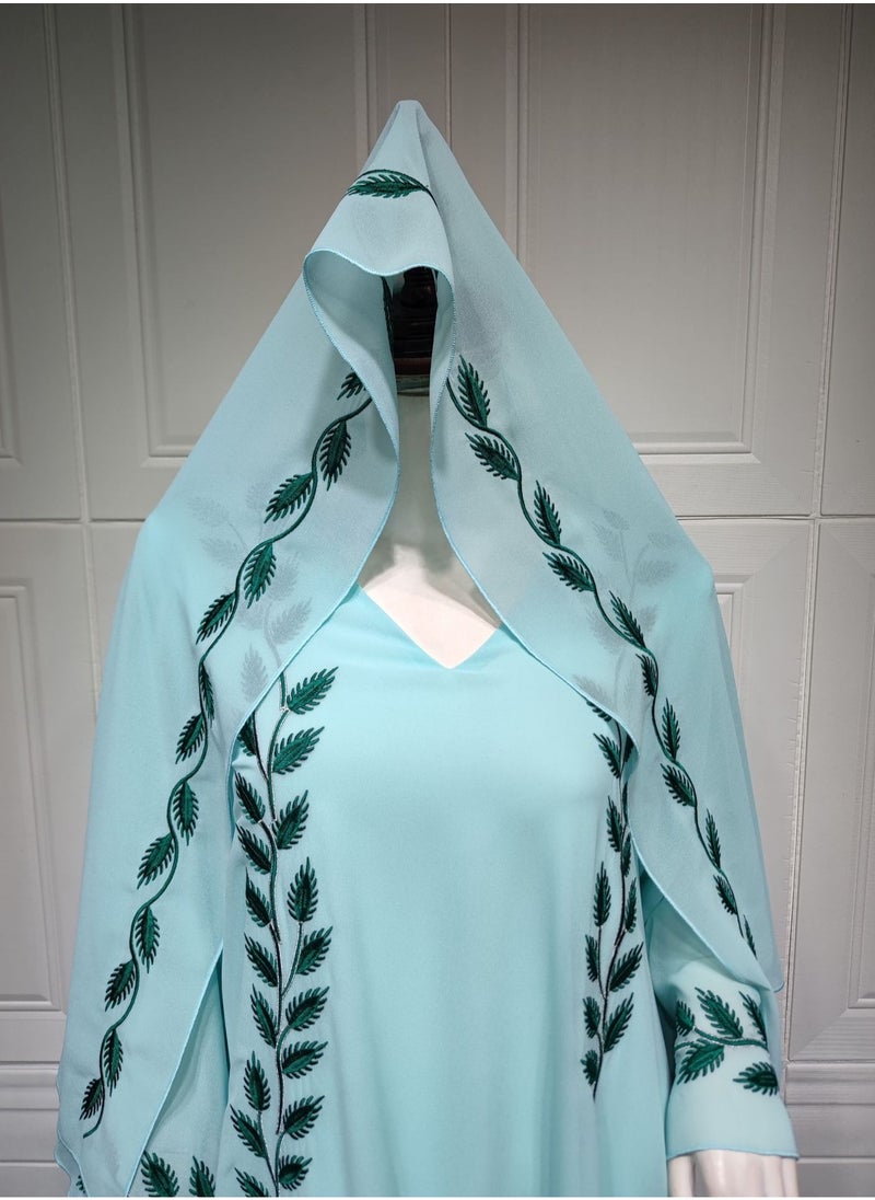 Best Gift Fashion - Fashion Chiffon Floral Embroidered Abaya With Hijab Green Color - Image 1