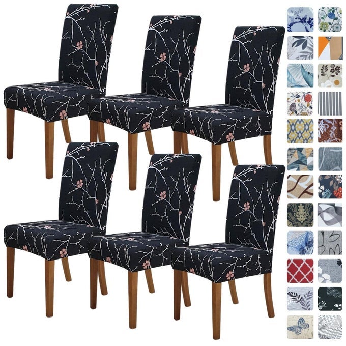 CHAIR COVERS FOR DINING ROOM 6 PACK STRETCH DINING CHAIR COVER WASHABLE SPANDEX KITCHEN PARSONS CHAIR SLIPCOVERS REMOVABLE SEAT PROTECTOR FOR HOME OR PARTY SET OF 6 FLOURISH BLACK