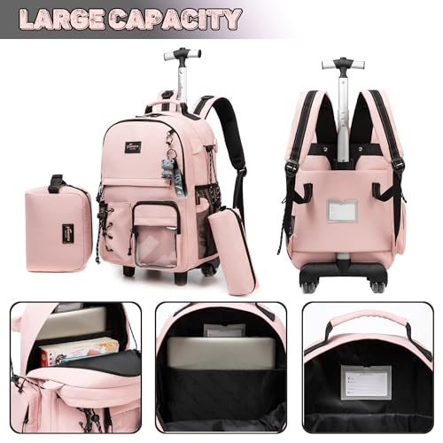 Oruiji Rolling Backpack for Girls Backpack with Wheels Pink School Backpack for Elementary with Lunch Box Set Kids Suitcase for Girls Kids Luggage with Wheels Back to School Supplies - Image 4