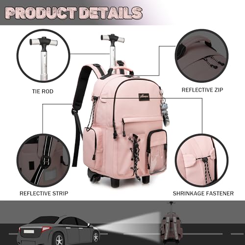 Oruiji Rolling Backpack for Girls Backpack with Wheels Pink School Backpack for Elementary with Lunch Box Set Kids Suitcase for Girls Kids Luggage with Wheels Back to School Supplies - Image 3