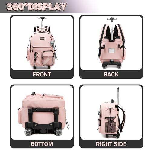 Oruiji Rolling Backpack for Girls Backpack with Wheels Pink School Backpack for Elementary with Lunch Box Set Kids Suitcase for Girls Kids Luggage with Wheels Back to School Supplies - Image 5