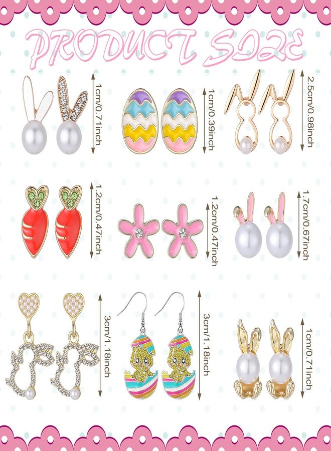 Kigeli 9 Pairs Metal Easter Earrings for Women, Spring Easter Earrings Bulk Cute Enamel Pearl Bunny Ear Egg Carrot Shaped Jewelry for Holiday Basket Party Party Favors Gift - Image 2