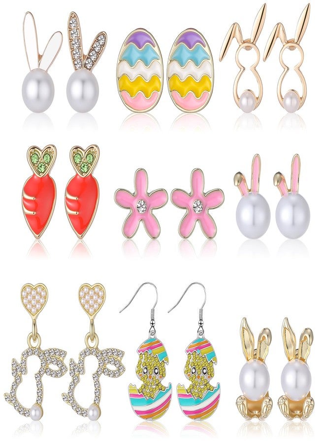 Kigeli 9 Pairs Metal Easter Earrings for Women, Spring Easter Earrings Bulk Cute Enamel Pearl Bunny Ear Egg Carrot Shaped Jewelry for Holiday Basket Party Party Favors Gift - Image 1