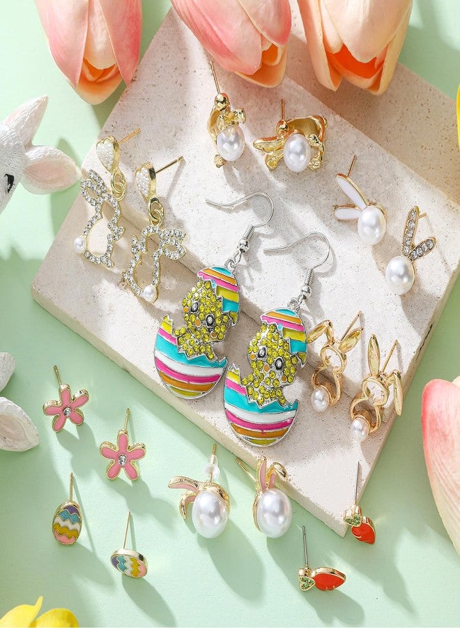 Kigeli 9 Pairs Metal Easter Earrings for Women, Spring Easter Earrings Bulk Cute Enamel Pearl Bunny Ear Egg Carrot Shaped Jewelry for Holiday Basket Party Party Favors Gift - Image 4
