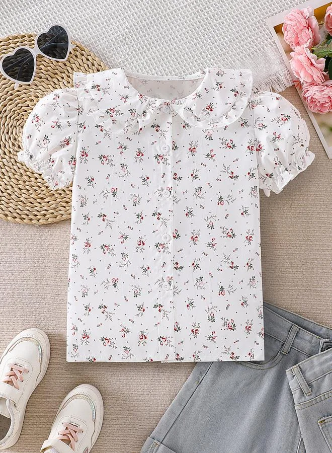 Take Two Girls Floral Peter Pan Collar Puff Sleeve Shirt