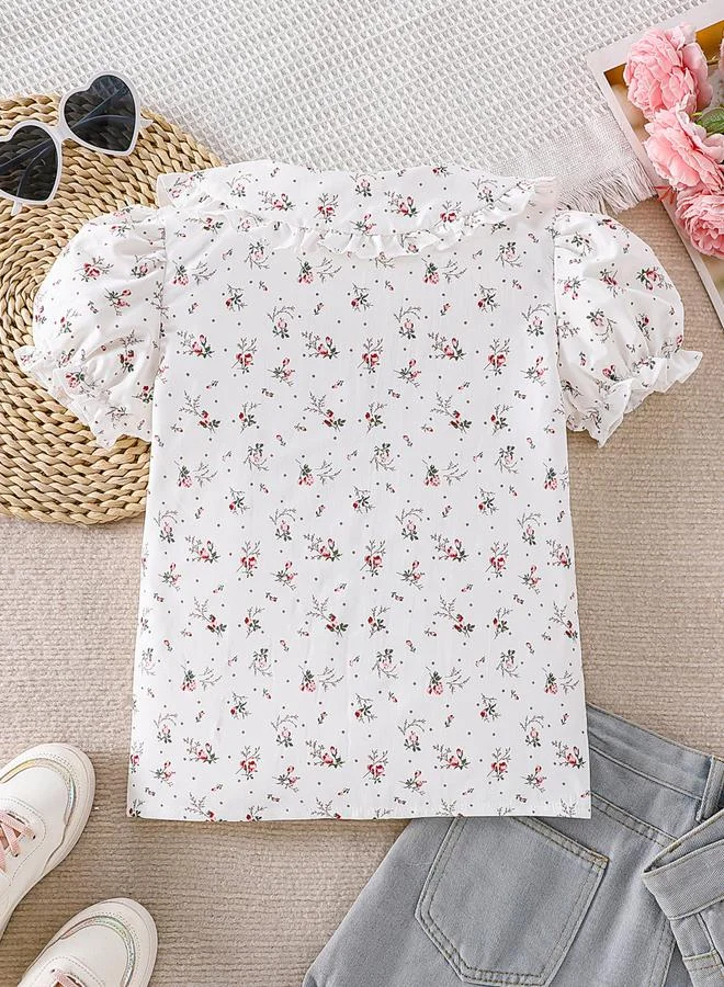 Take Two Girls Floral Peter Pan Collar Puff Sleeve Shirt