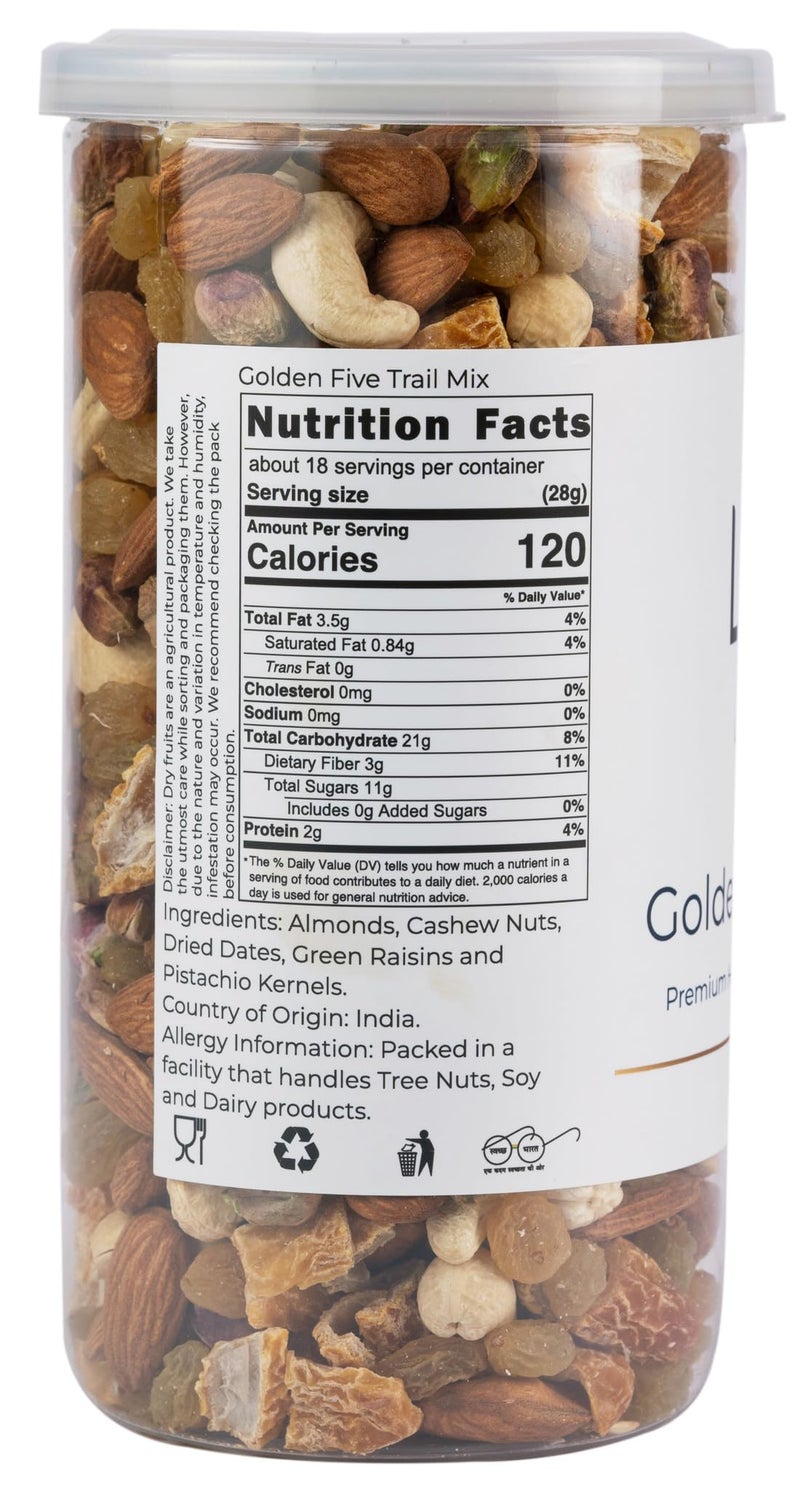 Lagom Gourmet Golden Five Trail Mix 1 kg | Premium Dry Fruit Mix | Dry Roasted | No Preservatives | No Added Sugar | Gluten Free | Vegan | Plant based | Non-GMO | Premium Nut Mix - Image 3