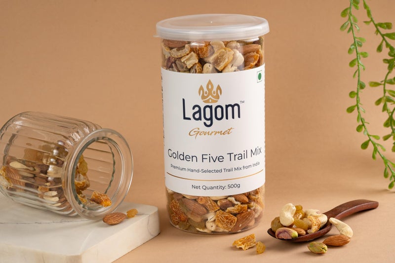 Lagom Gourmet Golden Five Trail Mix 1 kg | Premium Dry Fruit Mix | Dry Roasted | No Preservatives | No Added Sugar | Gluten Free | Vegan | Plant based | Non-GMO | Premium Nut Mix - Image 2