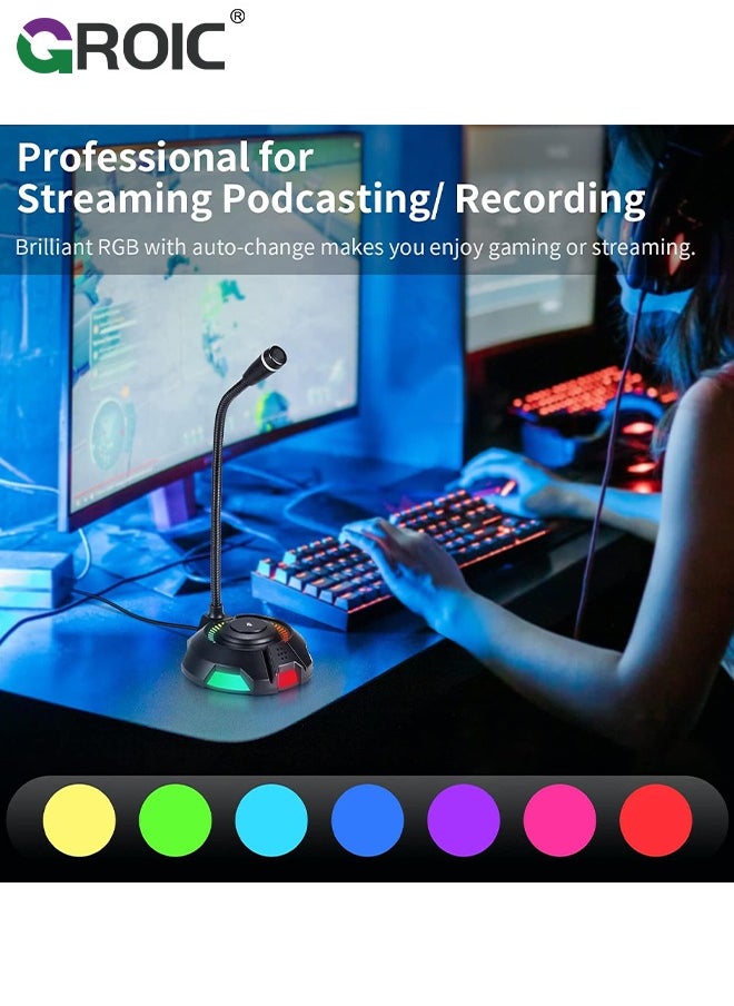 GROIC - USB Microphone, Computer Microphone with Mute Button for Singing, Streaming, Podcasting, Vocal Recording, Plug and Play, Desktop Gaming Mic with RGB lighting for Laptop Mac, Windows, iPhone, iPad - Image 1