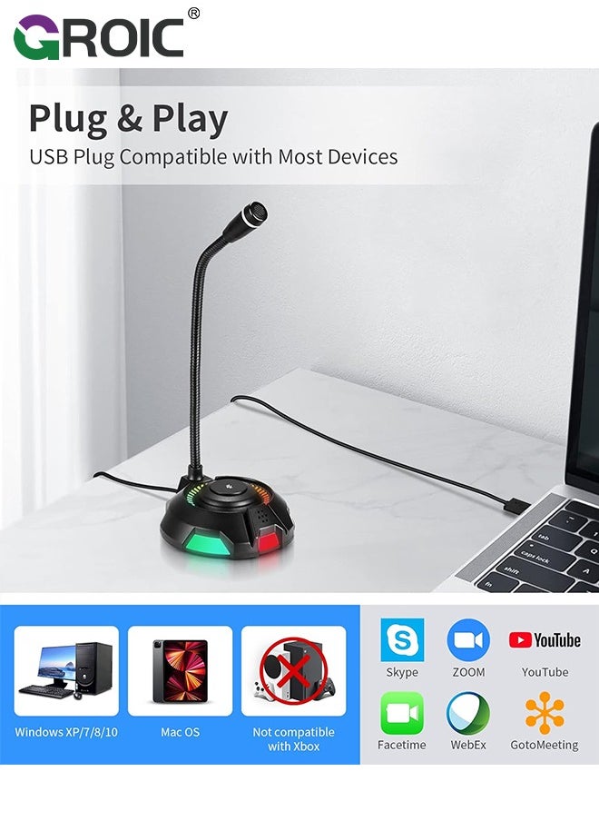 GROIC - USB Microphone, Computer Microphone with Mute Button for Singing, Streaming, Podcasting, Vocal Recording, Plug and Play, Desktop Gaming Mic with RGB lighting for Laptop Mac, Windows, iPhone, iPad - Image 1