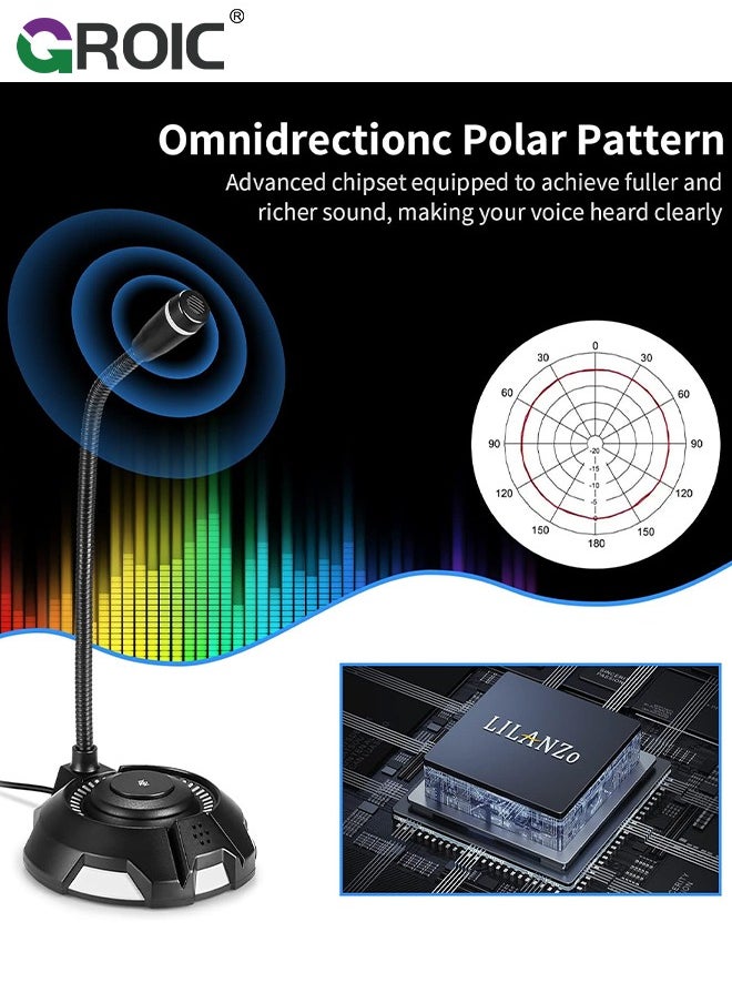 GROIC - USB Microphone, Computer Microphone with Mute Button for Singing, Streaming, Podcasting, Vocal Recording, Plug and Play, Desktop Gaming Mic with RGB lighting for Laptop Mac, Windows, iPhone, iPad - Image 1