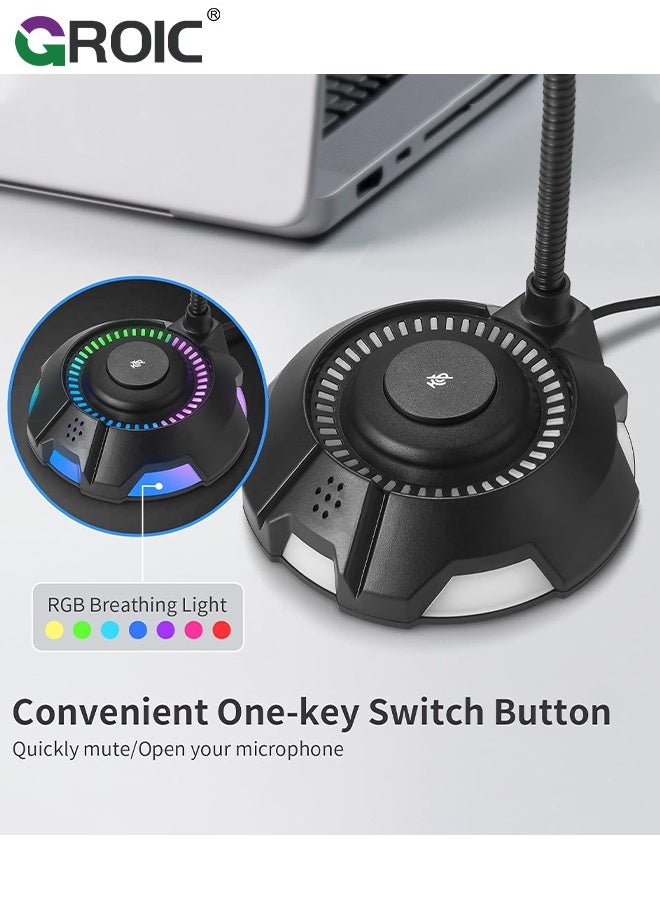 GROIC - USB Microphone, Computer Microphone with Mute Button for Singing, Streaming, Podcasting, Vocal Recording, Plug and Play, Desktop Gaming Mic with RGB lighting for Laptop Mac, Windows, iPhone, iPad - Image 1