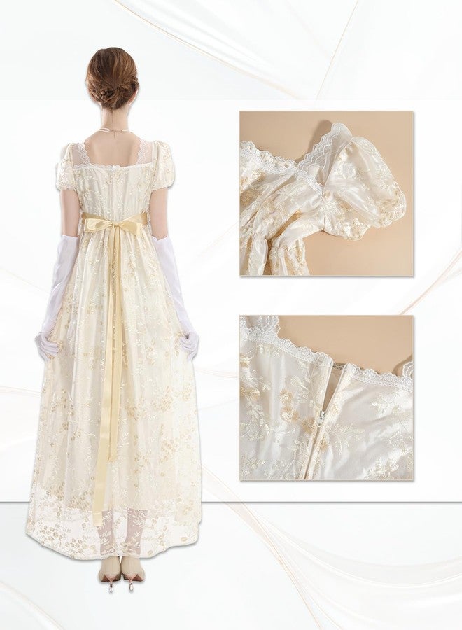 NSPSTT Golden Regency Dresses for Women 1800s Vintage Dress Victorian Ball Gown with Gloves, Beige, L - Image 3