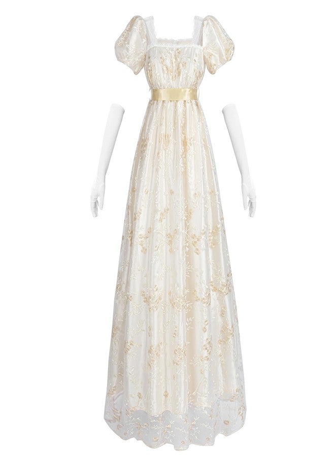 NSPSTT Golden Regency Dresses for Women 1800s Vintage Dress Victorian Ball Gown with Gloves, Beige, L - Image 1