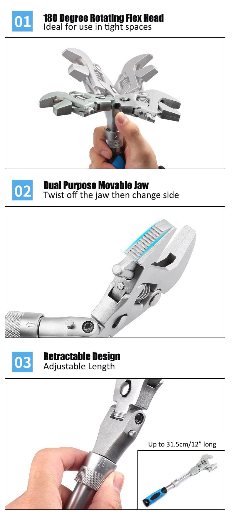 Lslansoon 2 In 1 Flex Head Adjustable Wrench  Reversible Jaw Pipe Wrench With 10 -12  Retractable Extension Shank And 180 Rotatable Head - Image 5