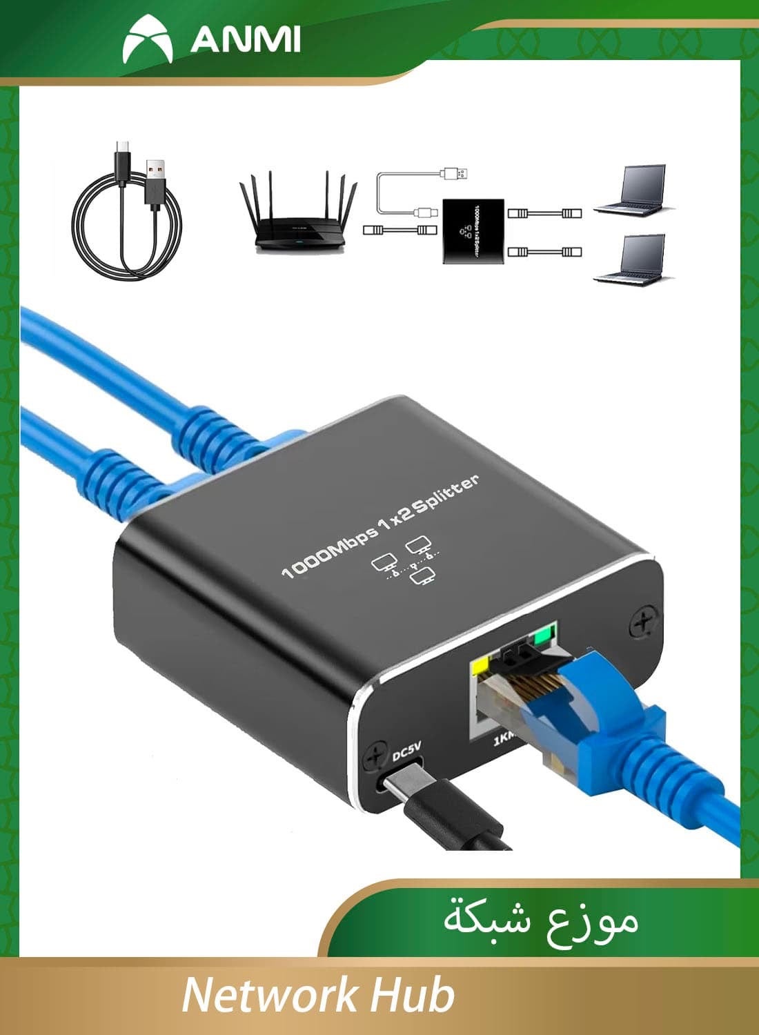 Network Hub,Gigabit Ethernet Splitter with USB Power Cable, Splitter for Cat5/5e/6/7/8 Cable(2 Devices Simultaneously Networking)