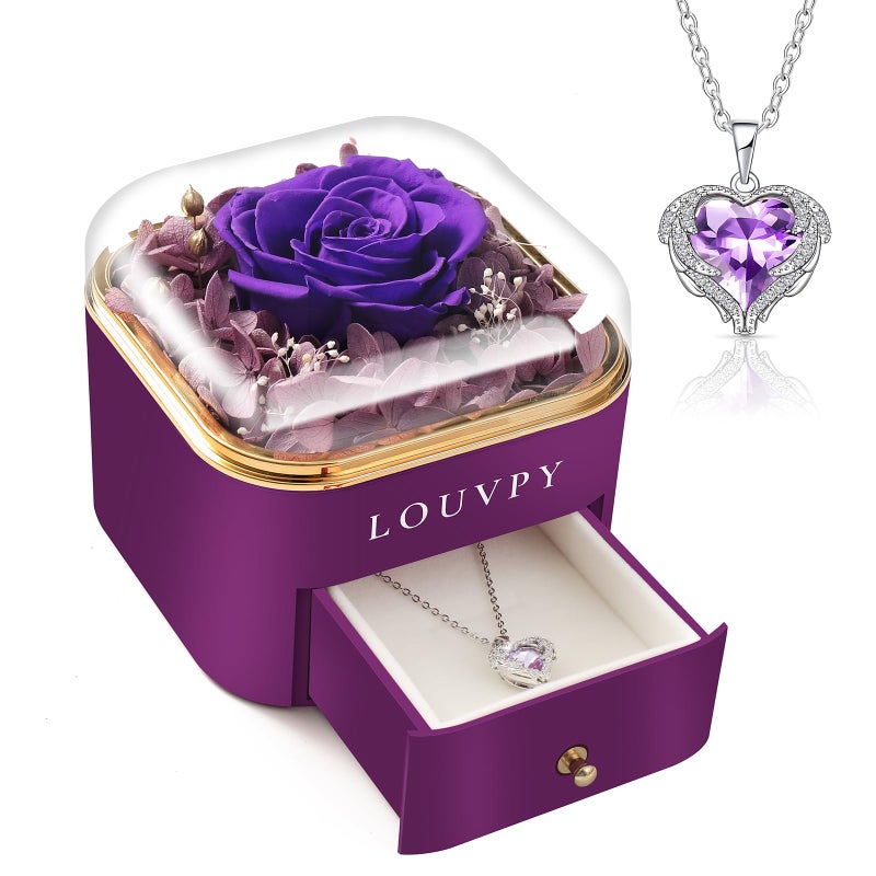 LOUVPY LOUVPY Gift for Girlfriend Valentine Purple Eternal Rose Box with Necklace Anniversaries Gift for WomenWife Forever Rose Gift for MomGirlfriend 
