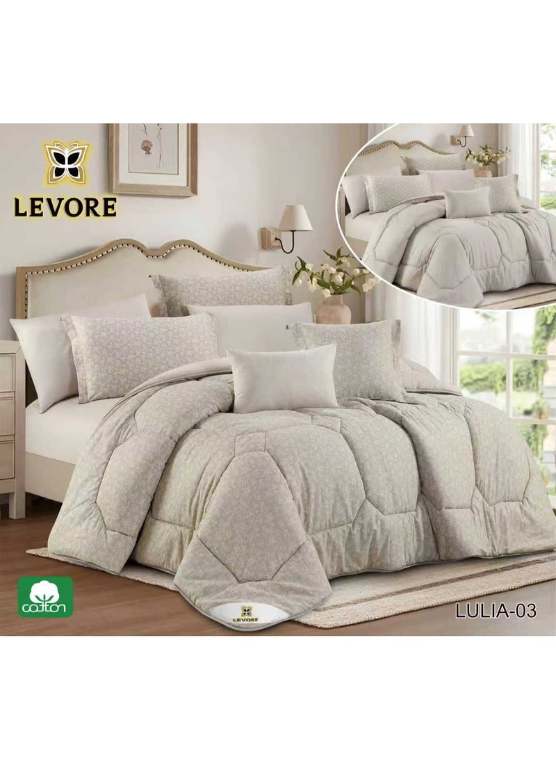 LEVORE 8-piece bedspread set, 100% soft cotton, floral pattern, double-sided, summer style, with filling and fastener, suitable for a 200x200 bed.