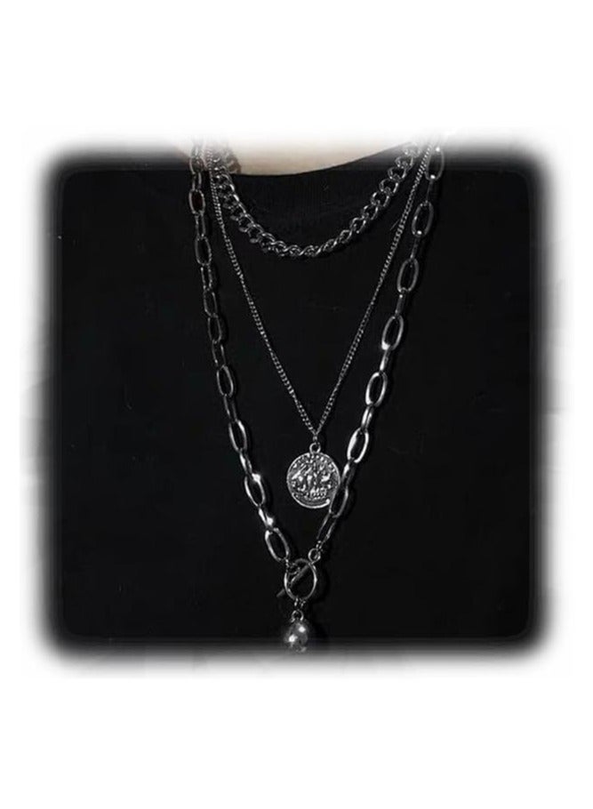 Dainty Father's Day Gift Necklace Layering Chain Choker Necklace Boho Jewelry Set Layered Silver Coin Pendant Statement Chunky Chain Necklace for  Man - Image 1