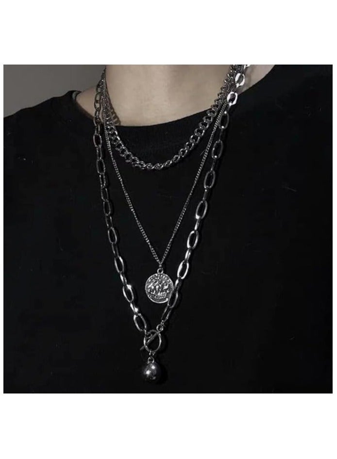 Dainty Father's Day Gift Necklace Layering Chain Choker Necklace Boho Jewelry Set Layered Silver Coin Pendant Statement Chunky Chain Necklace for  Man - Image 2