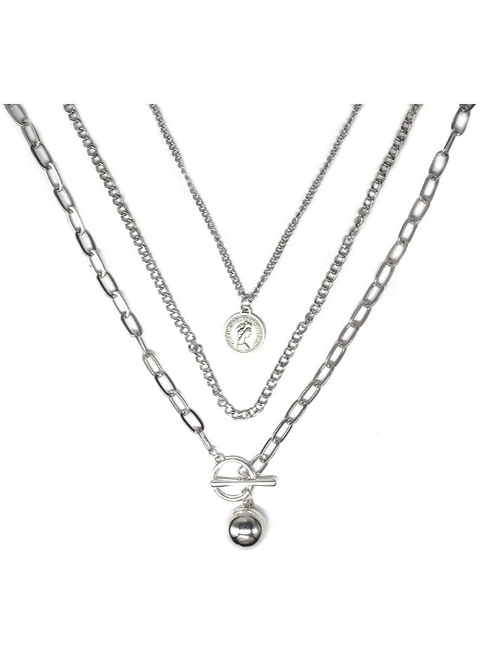 Dainty Father's Day Gift Necklace Layering Chain Choker Necklace Boho Jewelry Set Layered Silver Coin Pendant Statement Chunky Chain Necklace for  Man - Image 4