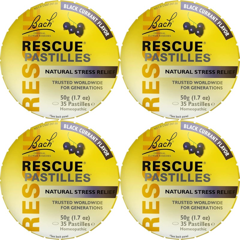 RESCUE RESCUE Bach PASTILLES, Black Currant Flavor, Natural Stress Relief Lozenges, Homeopathic Flower Essence, Vegetarian, Gluten and Sugar-Free, 4-Pack