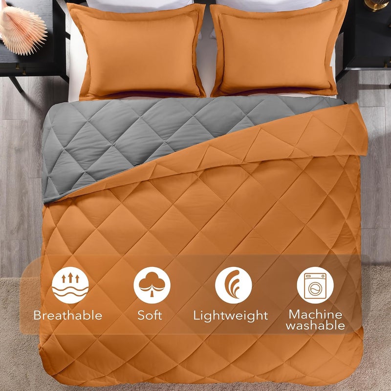 طقم لحاف downluxe توأم - لحاف توأم باللون البرتقالي المحروق والرمادي، مجموعات فراش ناعمة لجميع الفصول - قطعتان - 1 لحاف (66 × 92 بوصة) و 1 كيس وسادة (20 × 26 بوصة) - Image 5