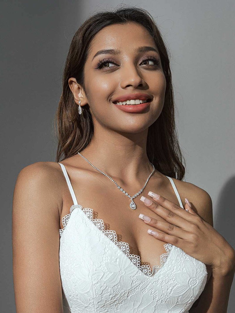 Unicra Rhinestone Necklace Earrings Set Silver Bridal Wedding Jewelry Sets Prom Bridesmaids Costume Jewelry Set for Women and Brides (A-Silver) - Image 2